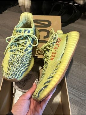 Yeezy Boost 350 V2 Yellow Blue Knit Sneakers with Red Side Script